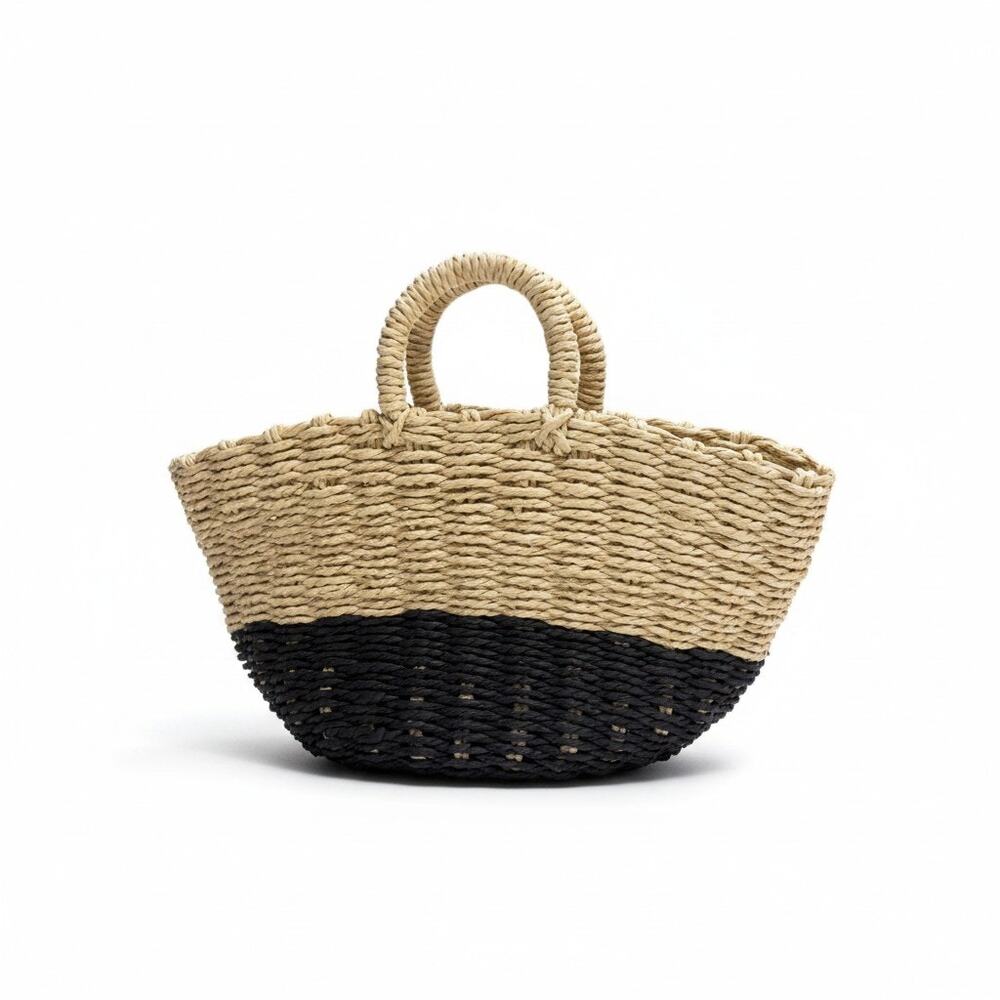 Mini Two Tone Woven Straw Tote Bag Cream Navy Blue Boho Summer Basket